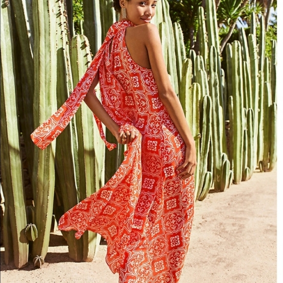 Ann Taylor Dresses & Skirts - Ann Taylor Tiled Print Flowy Tie Neck Halter Maxi Dress in Jupiter Orange